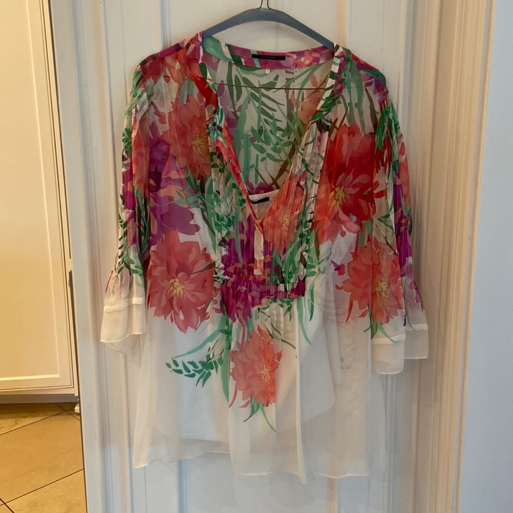 Women’s Floral Blouse, size large, sheer material with cream tank underneath.